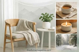 Scandinavian-inspired calm space with cozy chair, candle, and winter view.