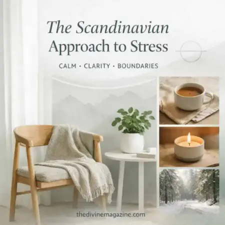 Scandinavian-inspired calm space with cozy chair, candle, and winter view.