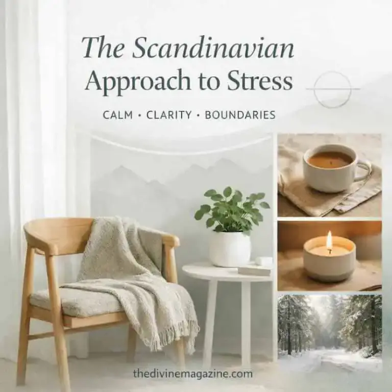 Scandinavian-inspired calm space with cozy chair, candle, and winter view.