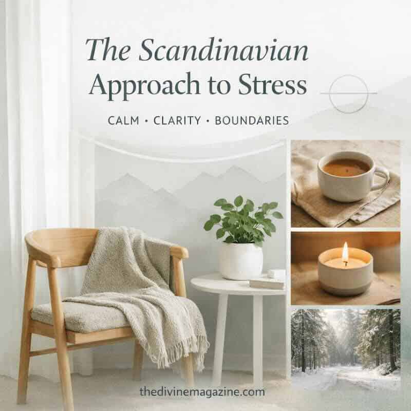 Scandinavian-inspired calm space with cozy chair, candle, and winter view.