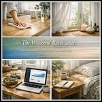 Person wiping a wooden table with a cloth in a cozy, bright home setting.