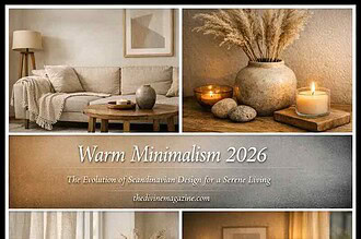 Cozy Scandinavian living room with neutral tones and soft lighting.