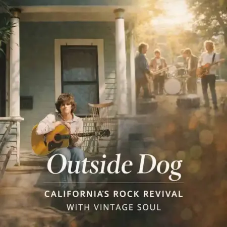 Outside Dog – California’s Rock Revival with Vintage Soul Young man playing acoustic guitar on porch during outdoor music event in California.