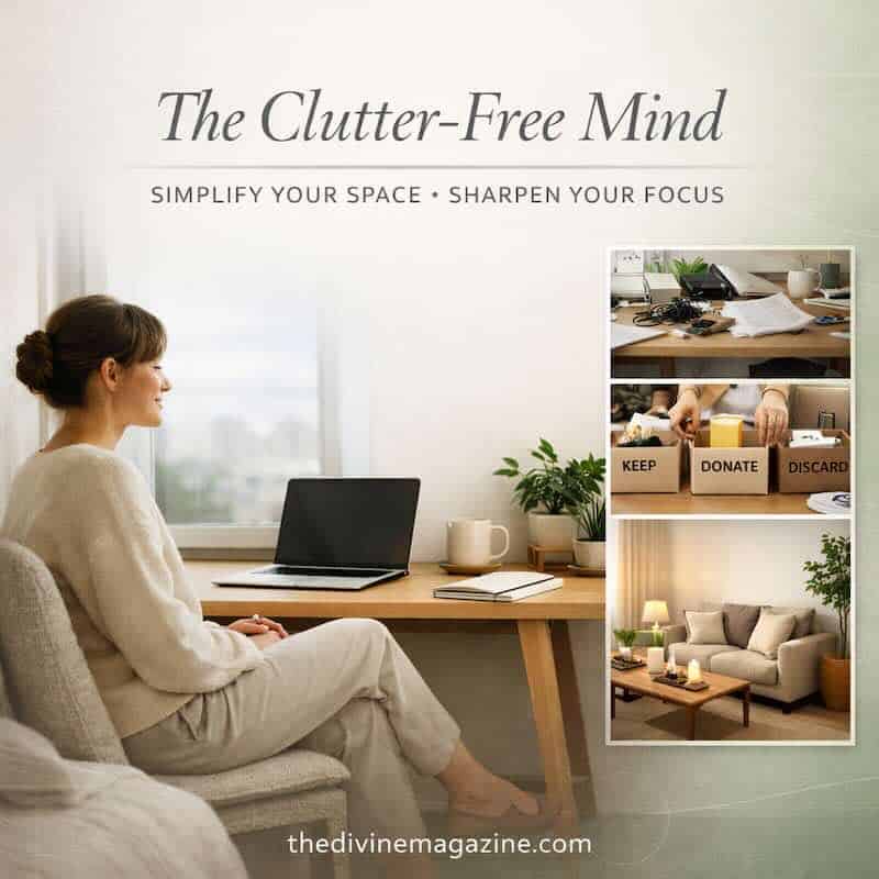 Woman meditating in a tidy, organized space promoting focus and mental clarity.
