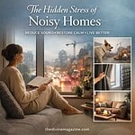 Woman relaxing at home during noisy weather with window view of cityscape.