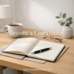 Modern Scandinavian writing desk with notebook and coffee cup – Become a Contributor
