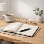 Modern Scandinavian writing desk with notebook and coffee cup – Become a Contributor