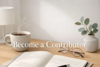 Modern Scandinavian writing desk with notebook and coffee cup &ndash; Become a Contributor