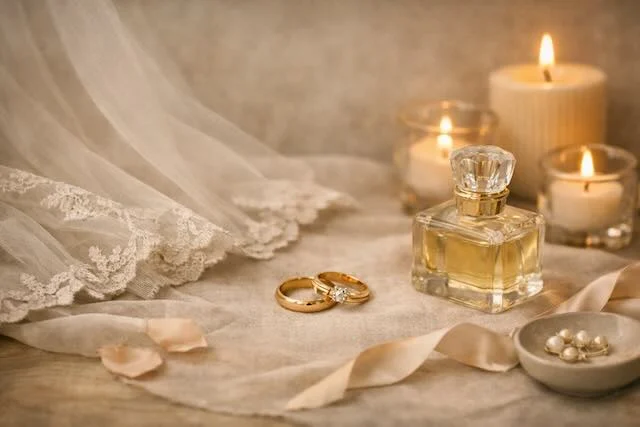 Minimal bridal still life with rings and candlelight