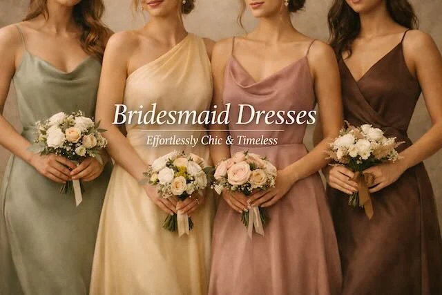 Bridesmaid dresses in soft pastel and earth tones
