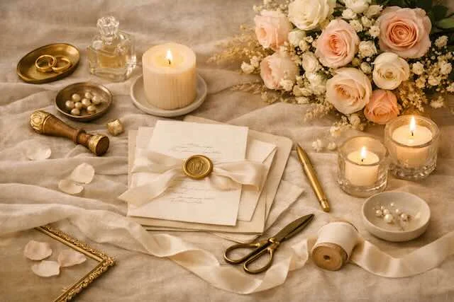 Wedding stationery and decor in muted beige tones