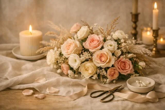Cinematic floral arrangement with blush and ivory tones