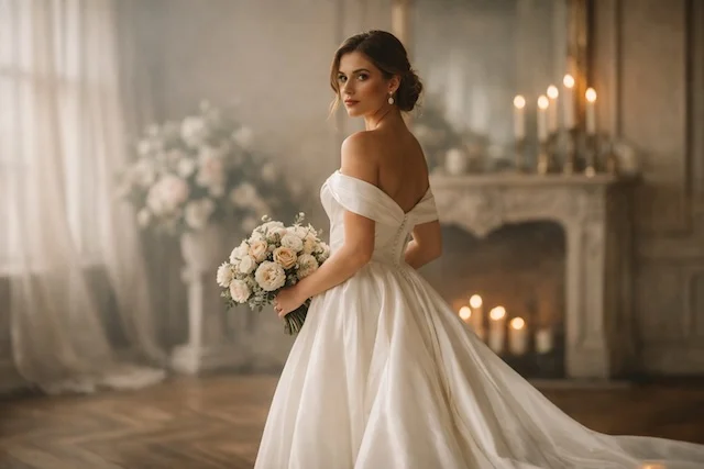 Modern bridal gown in soft natural light