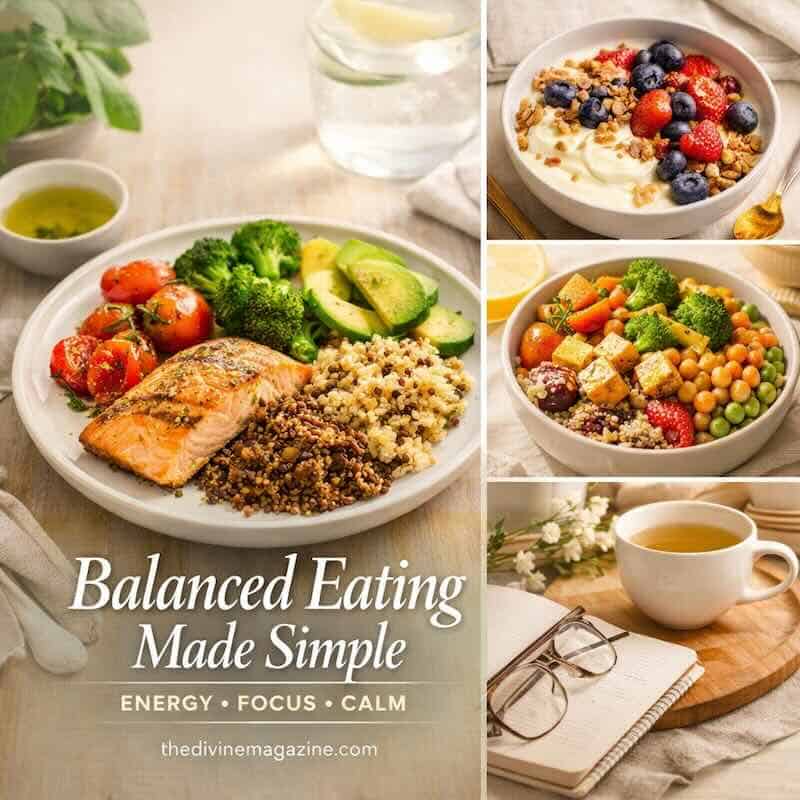 Healthy, colorful meal with salmon, quinoa, and vegetables for energy and calm.