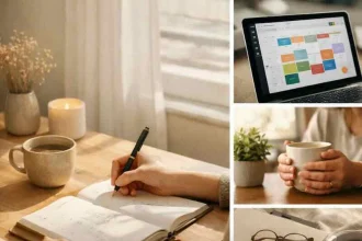 Woman planning daily schedule with notebook and coffee for 2026 goals.
