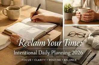Woman planning daily schedule with notebook and coffee for 2026 goals.
