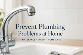 Plumbing faucet with tools and tape for home maintenance.