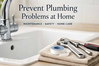 Plumbing faucet with tools and tape for home maintenance.