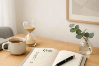 Scandinavian-style desk with goals planner, coffee, and greenery for 2026 goal setting.