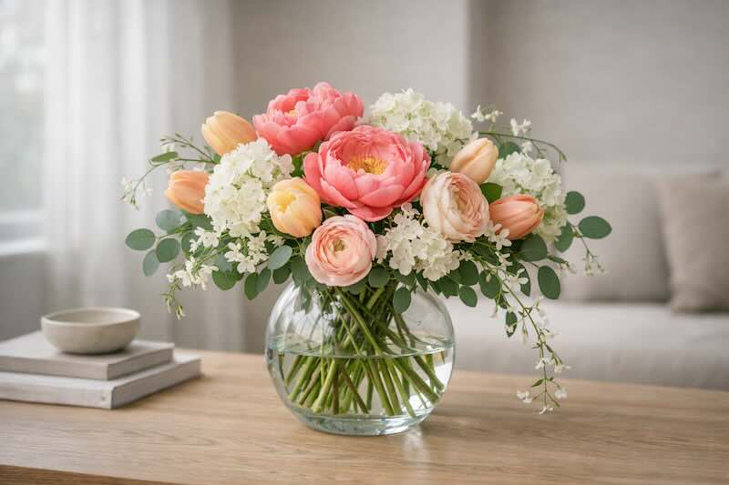 flower arrangement Quiet-luxury floral styling with airy, cinematic bouquet