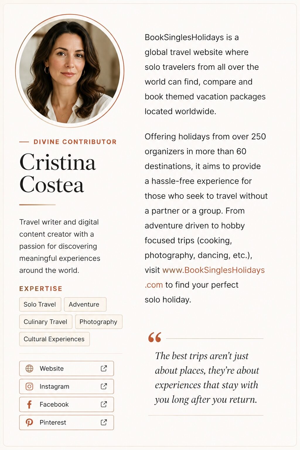Example of a Divine Magazine contributor author box with headshot, bio, expertise and profile links