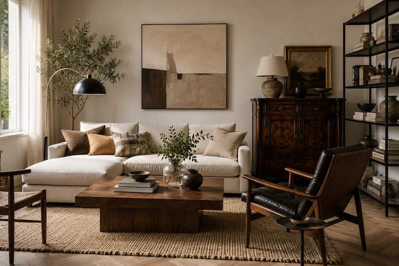 Warm contemporary living room mixing modern and vintage interior design styles