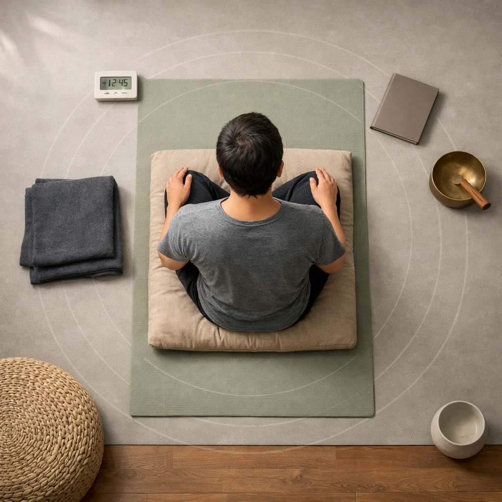 Overhead view of a seated meditator on a sage mat with timer, journal, and singing bowl, illustrating sound bath vs meditation.