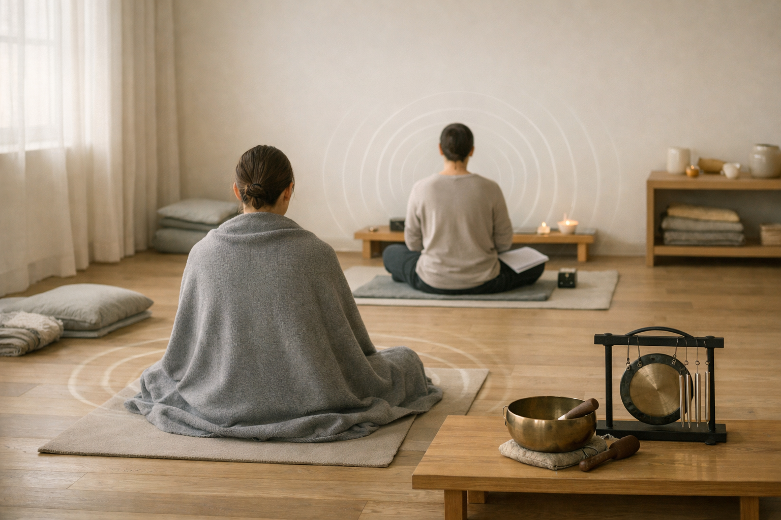 Quiet wellness room with two seated figures, meditation props, and subtle sound ripples illustrating sound bath vs meditation.