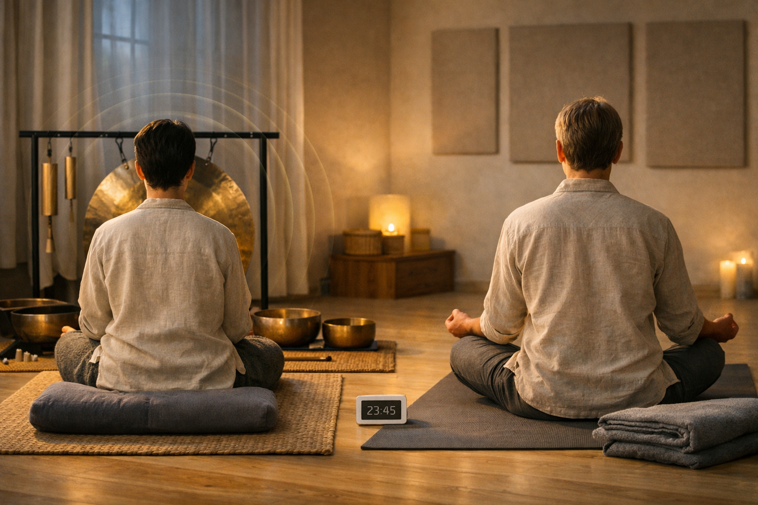 Two people practice sound bath vs meditation: one by a gong and bowls, one quietly meditating beside a timer.
