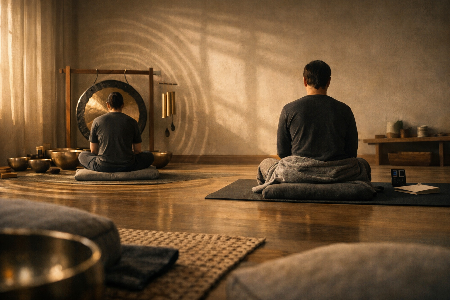 Two people practice sound bath vs meditation in a calm wellness room with a gong, singing bowls, chimes, and yoga mats.
