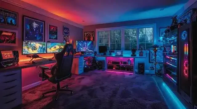 Colorful gaming room with multiple monitors, RGB lighting, and gaming accessories for an immersive experience.